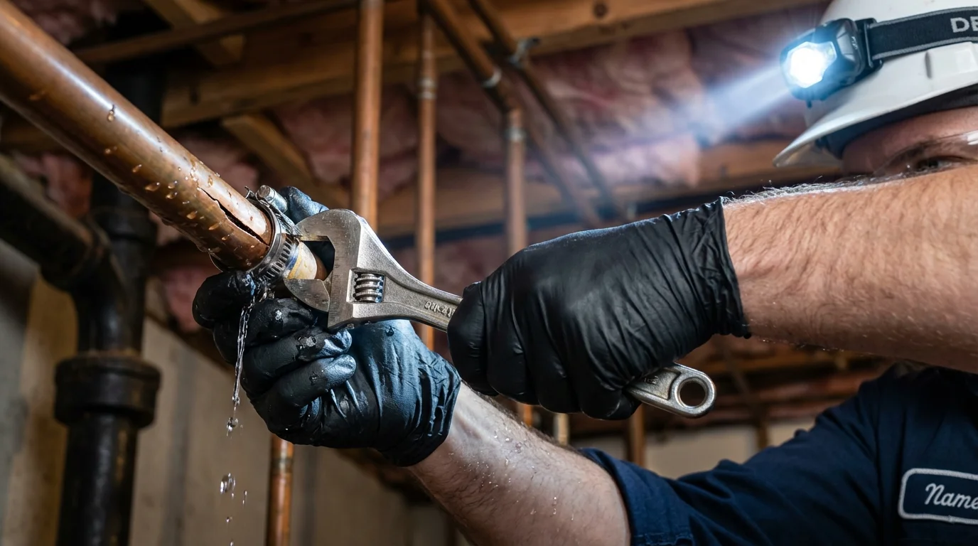 Emergency pipe clamp repair being performed by a Johns Plumbing LLC plumber in West Union