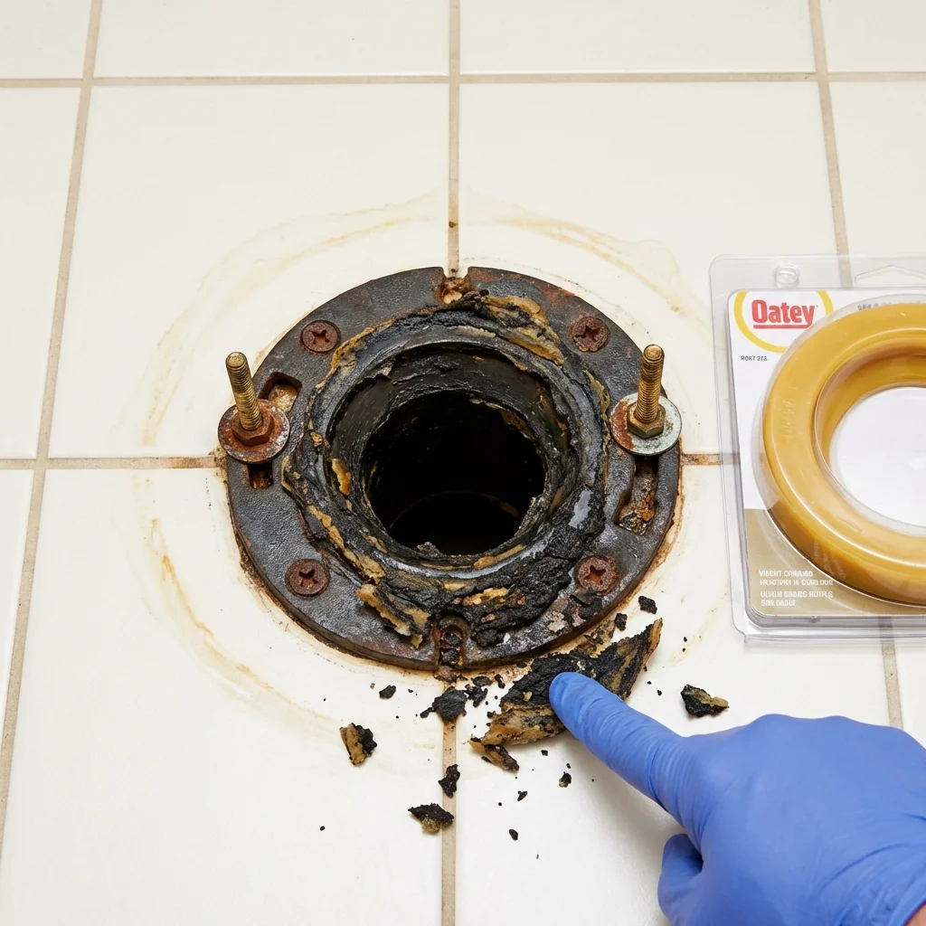 Failed wax ring showing water seepage at the base of a toilet in a West Union, OH home