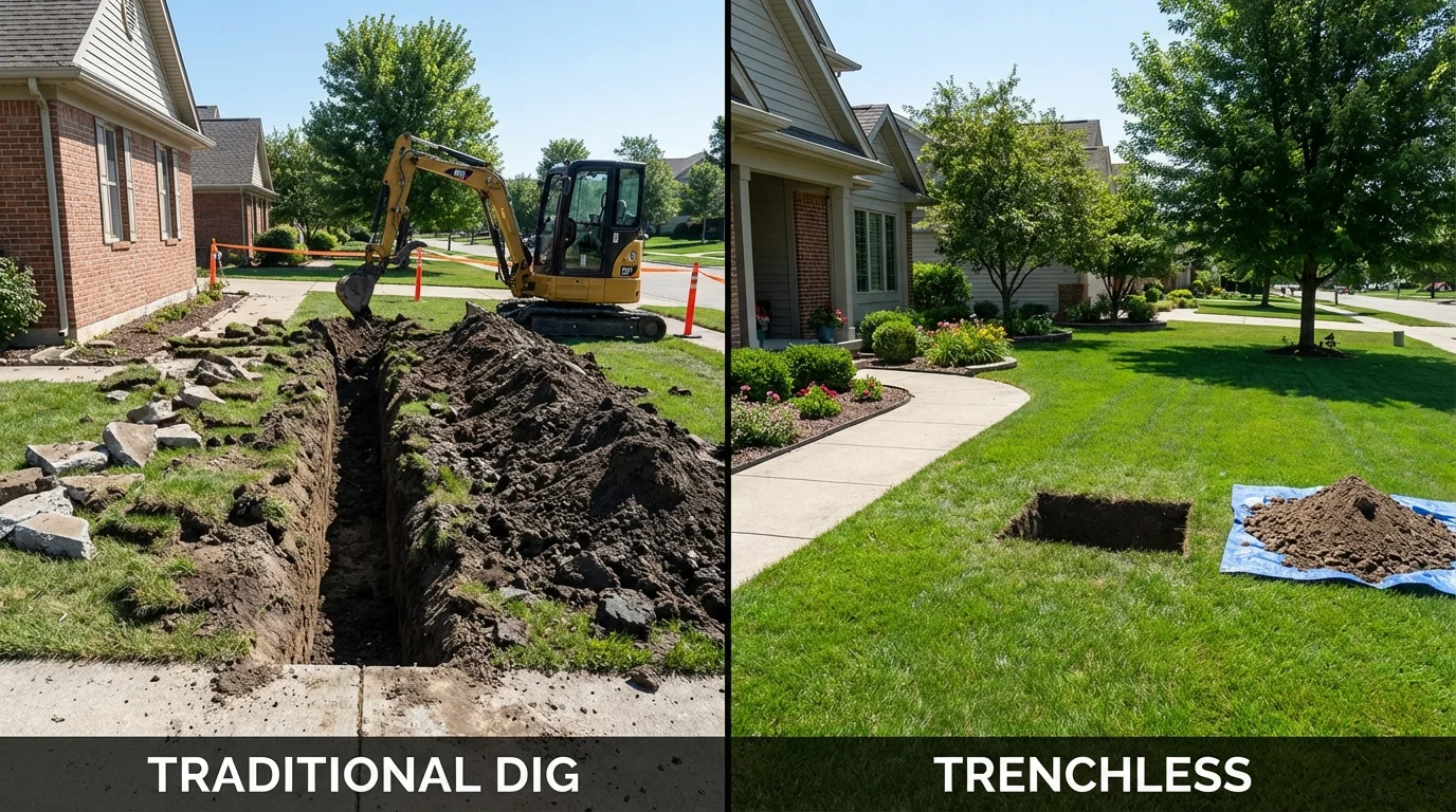 Trenchless sewer repair with minimal yard damage versus traditional excavation in West Union, OH