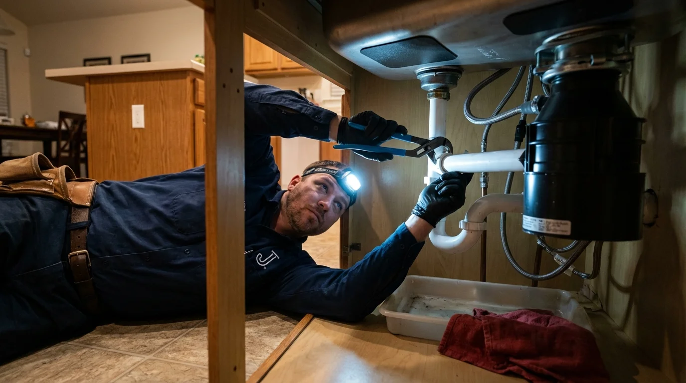 P-trap and supply line connections under a kitchen sink showing a common leak point in West Union, OH